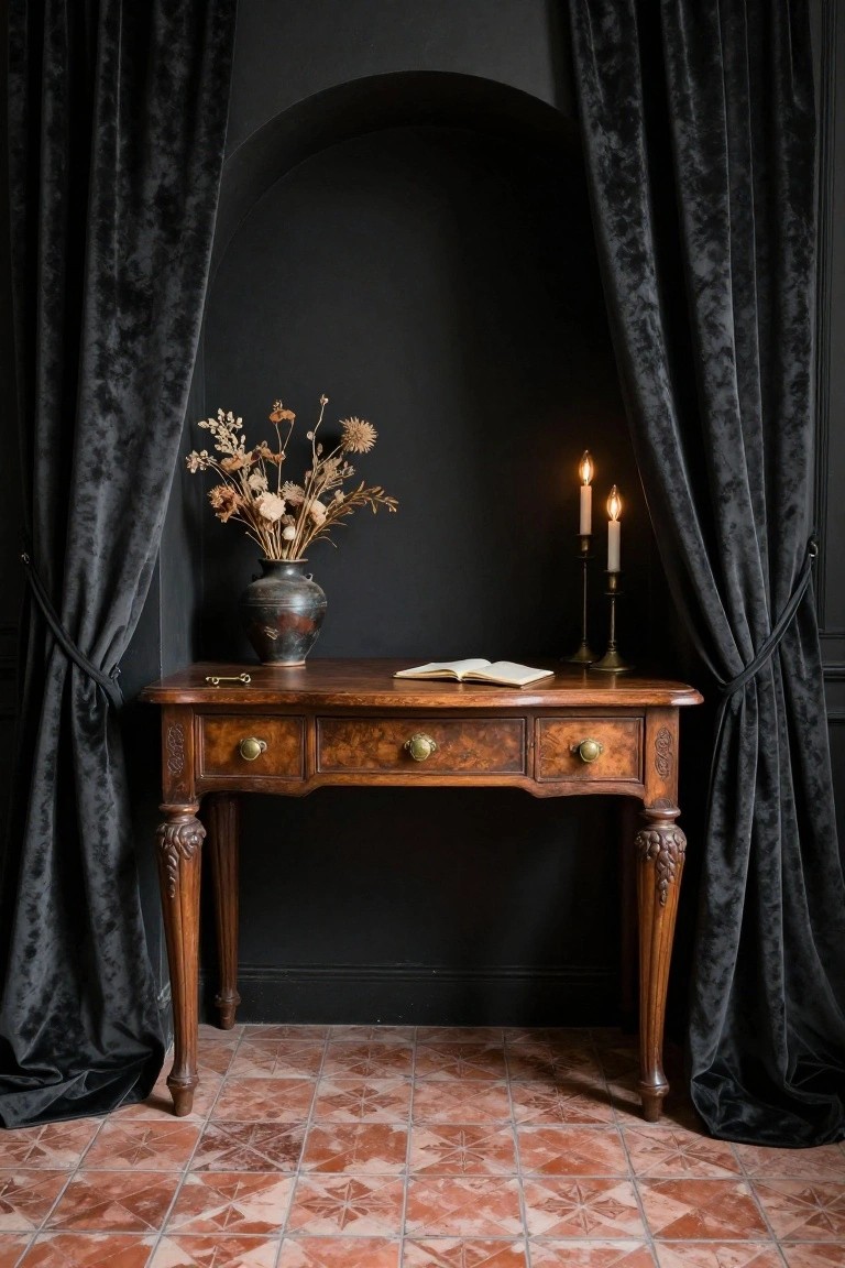 Dark arched alcove with black velvet curtains framing a wooden desk topped with an open book, small brass key, and candlestick; dried flowers in black vase beside it, on terracotta tile floor.