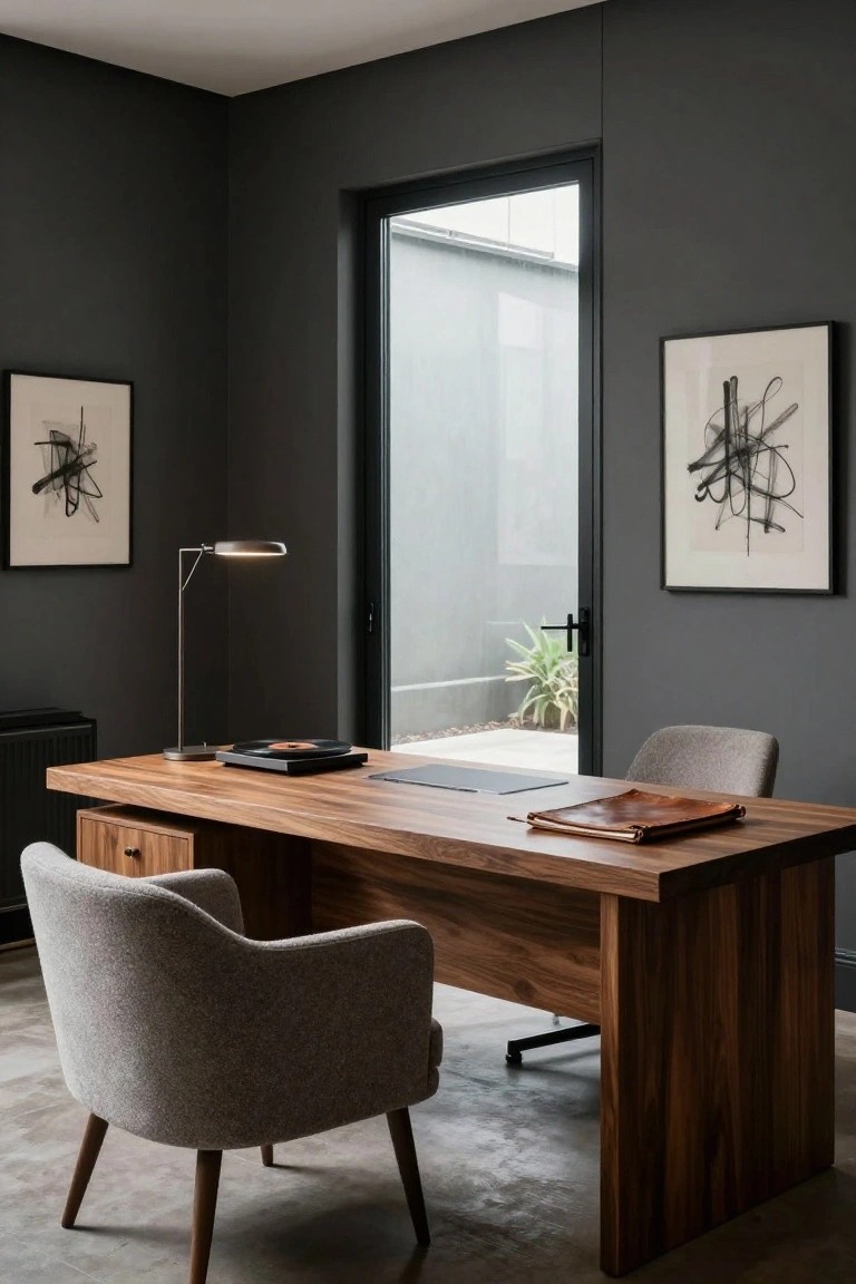 A home office featuring dark gray walls, a large wooden desk with drawers, a gray upholstered armchair, abstract black-and-white artworks, a task lamp, and a glass door to an outdoor plant area.
