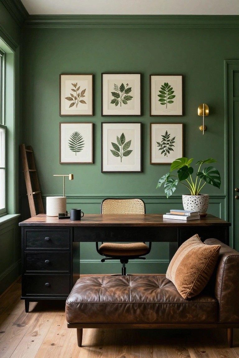 Home office featuring dark green walls with six framed botanical leaf prints arranged in a grid, wooden desk with rattan chair, black mug and books on desk, leather chaise lounge, monstera plant in white pot, ladder, and brass lamps.