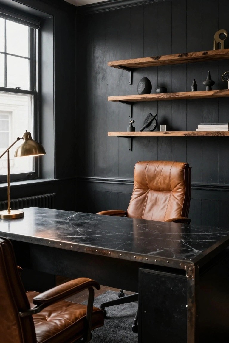 Home office with dark vertical wood-paneled walls, floating rough-edged wood shelves holding black ceramics and sculptures, black marble desk with brass lamp, tan leather desk chair and guest chairs, and a window with roller shade.
