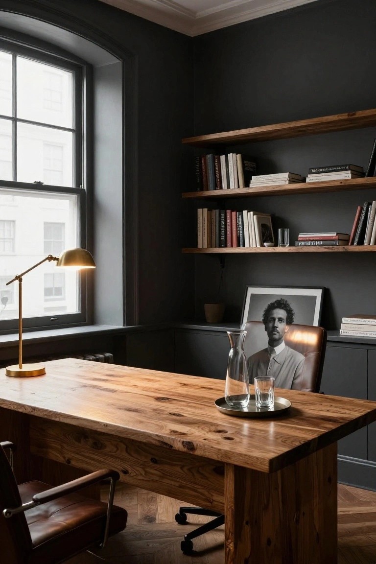 Corner office with dark gray walls, arched window, floating wooden shelves holding books, large rectangular wooden desk with brass desk lamp, glass carafe and glasses on a tray, brown leather armchair, black swivel chair on wooden floor.