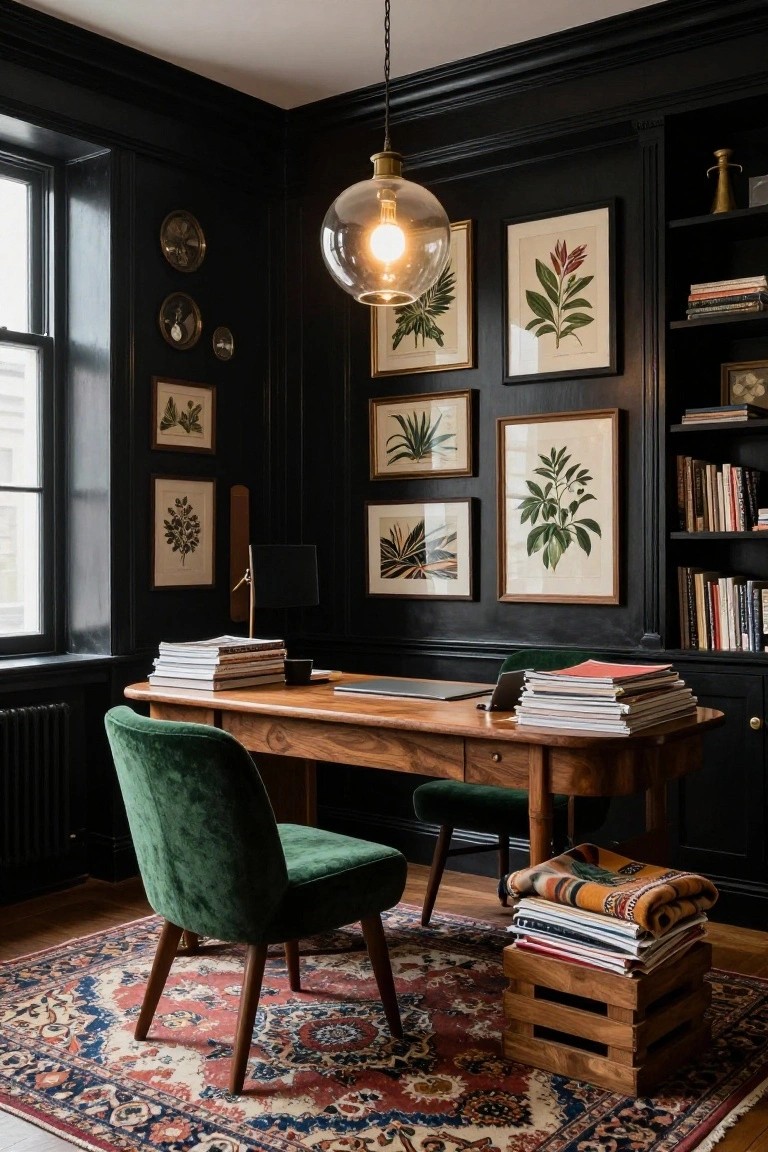 Corner office with dark paneled walls, wooden desk, green velvet chairs, stacks of books and magazines, botanical artwork in gold frames, and bookshelves.