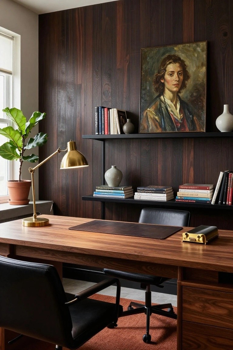 Home office interior with dark wood paneled walls, wooden desk topped with leather, black leather desk chair, gold desk lamp, potted fiddle leaf fig plant, floating black shelves holding books and ceramics, and a framed oil portrait of a woman.