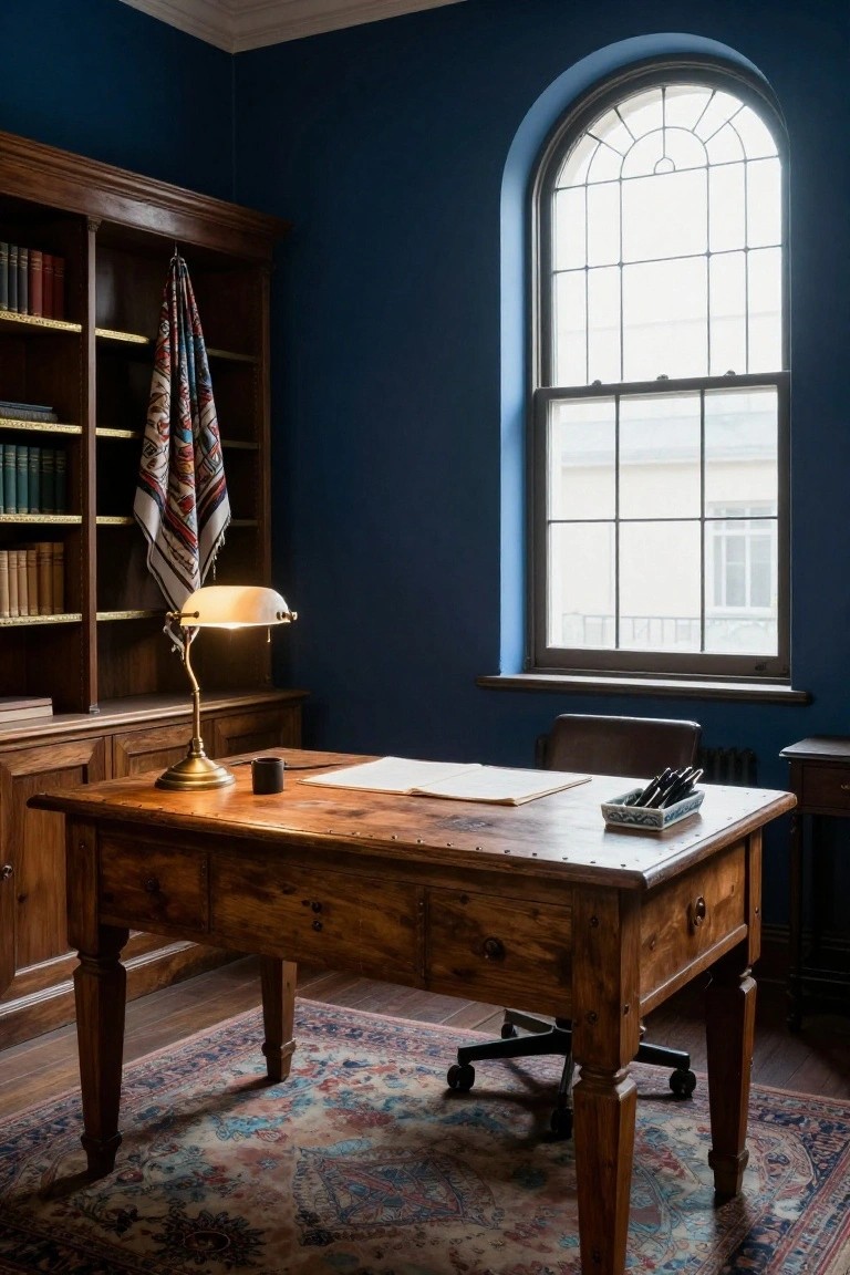 Home office with deep navy blue walls, wooden desk and bookshelves, brass banker's lamp, arched window, mug, papers, pens, and patterned rug.