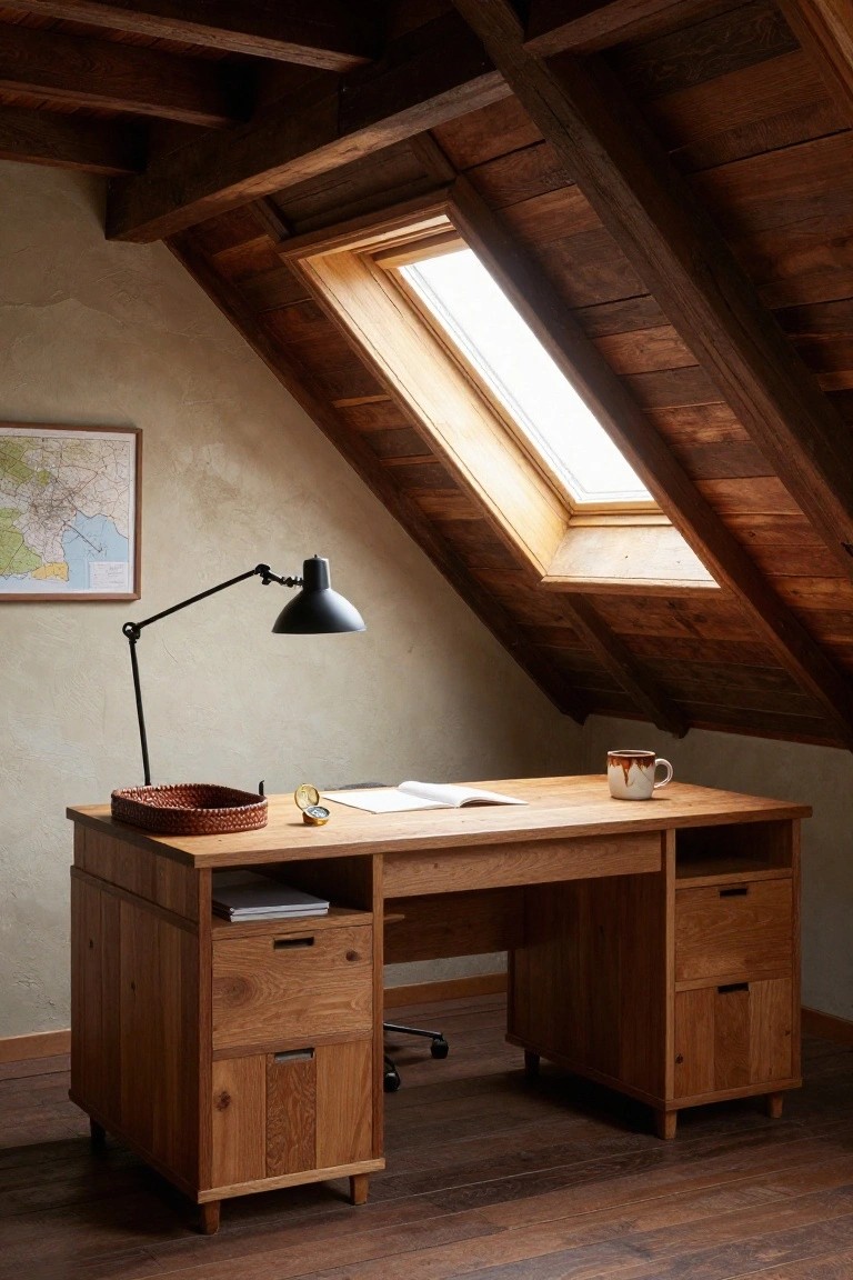 Wooden desk with drawers and shelves in a room featuring sloped wooden ceiling with exposed beams, skylight window, desk lamp, mug, and wall map.