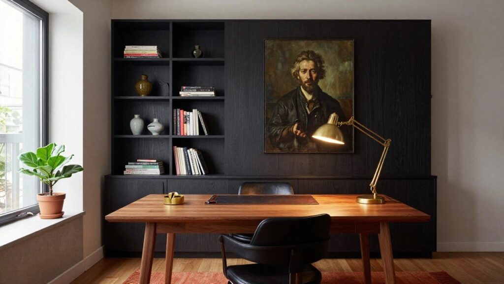Home office interior with dark wood paneled walls, wooden desk topped with leather, black leather desk chair, gold desk lamp, potted fiddle leaf fig plant, floating black shelves holding books and ceramics, and a framed oil portrait of a woman.