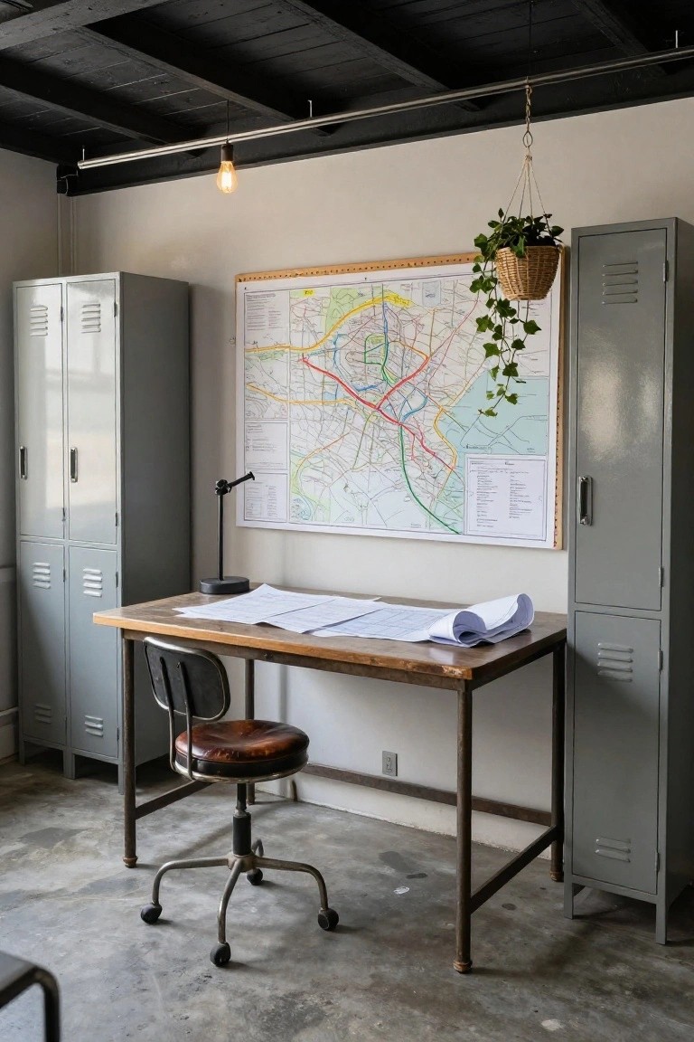 Home office interior with two tall gray metal lockers flanking a wooden desk holding rolled blueprints, a large framed city map on the wall with a hanging plant, a vintage swivel chair, exposed black ceiling beams, and concrete floor.