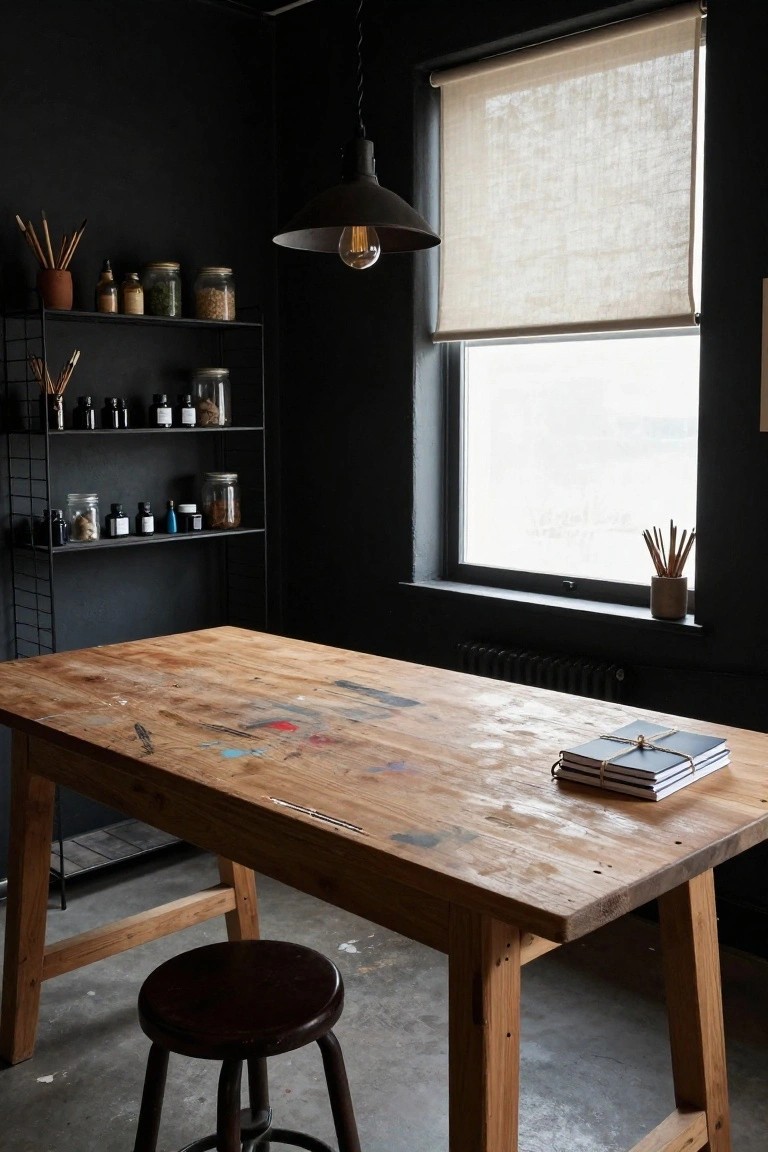 Black-walled office interior with wooden workbench table showing paint marks, black metal shelving stocked with jars and brushes, wooden stool, pendant lamp, and window with beige roller blind.