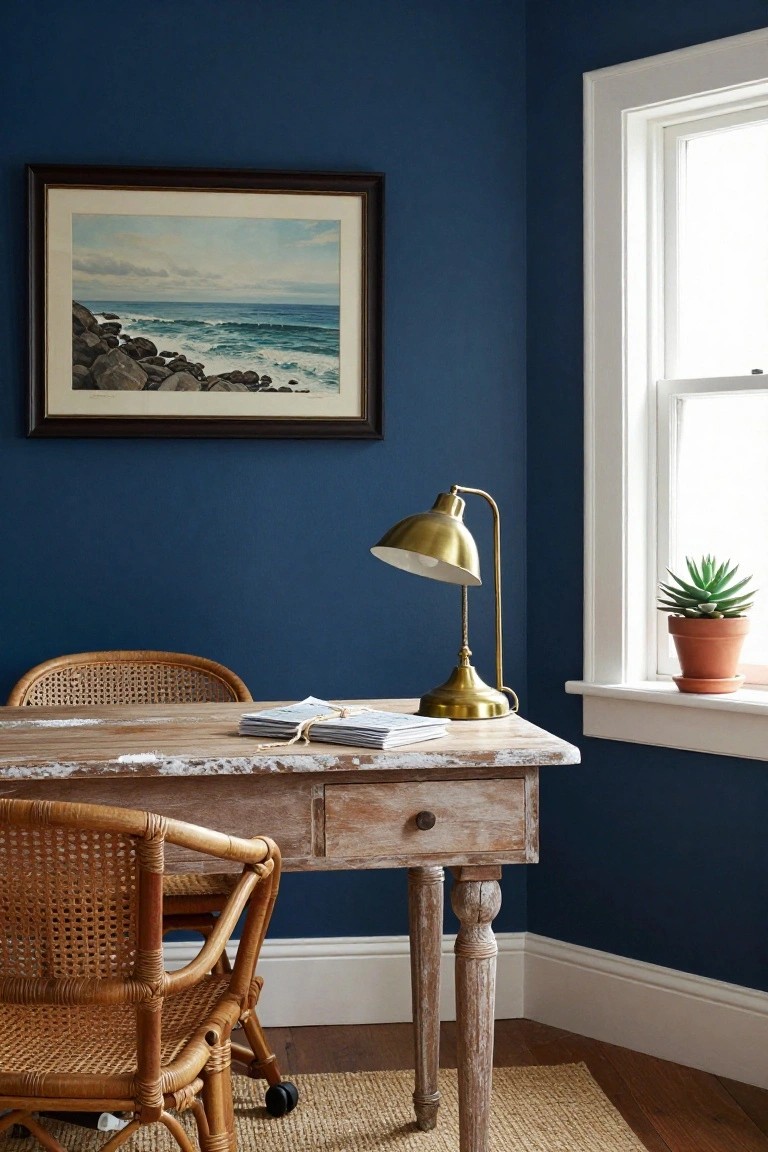 Corner of a home office with deep navy blue walls, white-trimmed window, wooden desk topped with papers, two rattan chairs, brass desk lamp, ocean painting on wall, and potted succulent on windowsill.