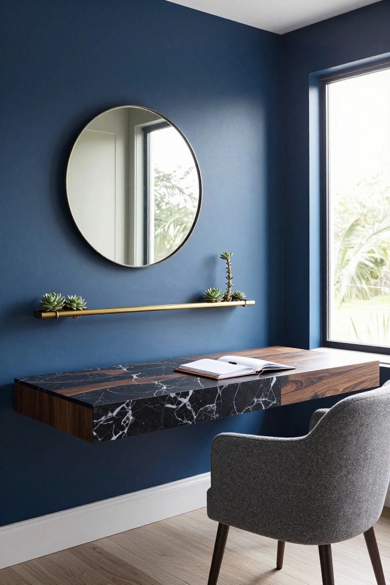 Home office with deep navy blue walls, round brass mirror above a brass shelf holding succulents, floating desk topped with black marble on wood base, gray upholstered armchair, hardwood floor, and window showing outdoor greenery.