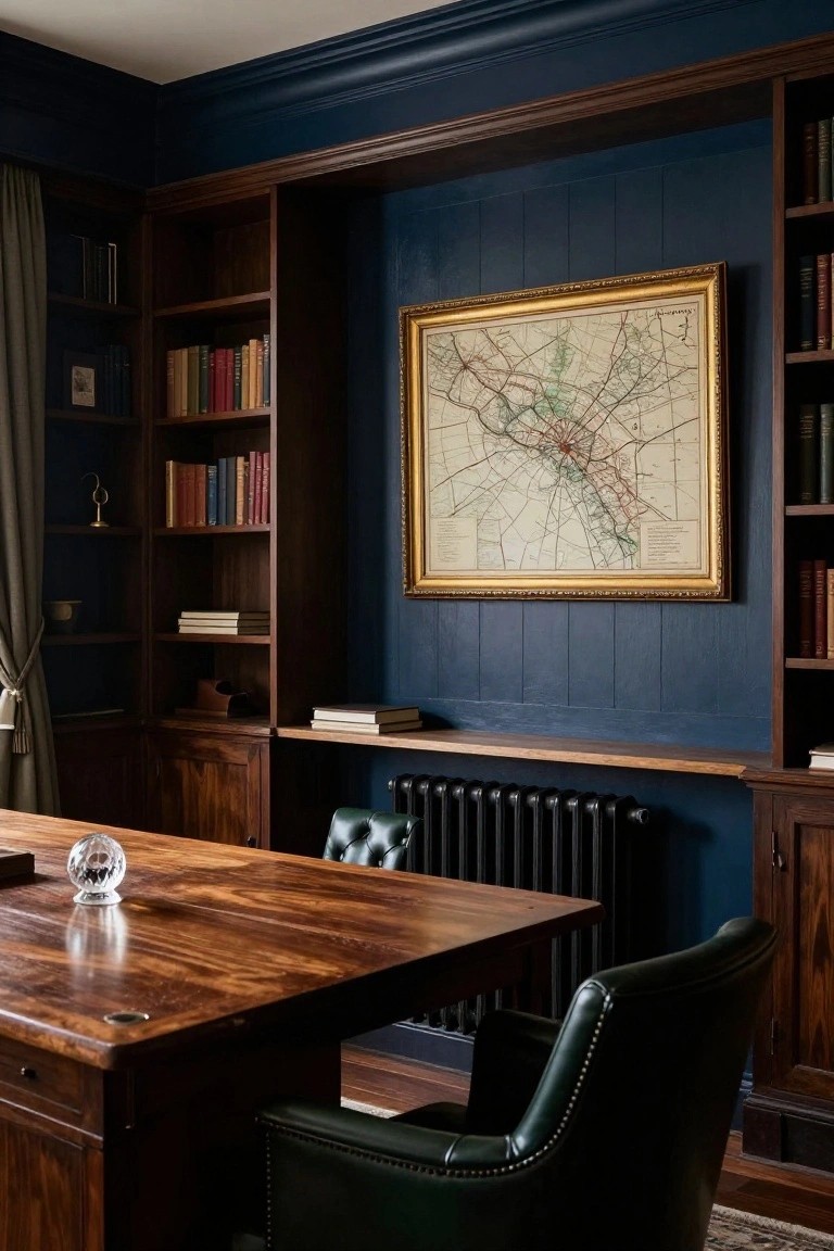 Home office interior with navy blue paneled walls, dark wood built-in bookshelves filled with books, wooden desk, green leather armchair, cast iron radiator, and framed antique map.