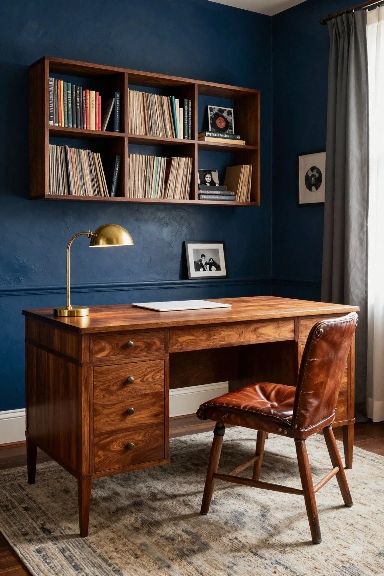 A home office with dark navy walls, wall-mounted wooden shelves holding books and vinyl records, a wooden desk topped with a laptop, tan leather chair, brass arched lamp, and framed photos.
