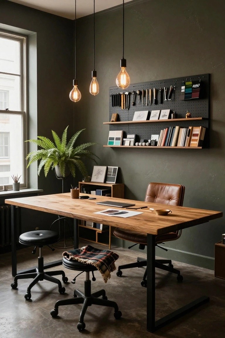 Moody home office interior with dark green walls, black pegboard storage wall holding tools and supplies on wood shelves, large raw wood desk with black metal legs, two leather chairs, potted fern plant, and warm pendant lights.