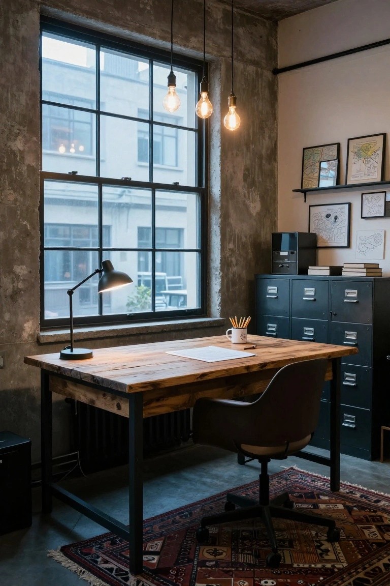 Home office with exposed brick walls, large metal-framed windows, hanging Edison bulb lights, black metal desk lamp, rustic wooden desk on black metal legs, black leather chair, tall black metal filing cabinets, and a patterned rug on concrete floor.