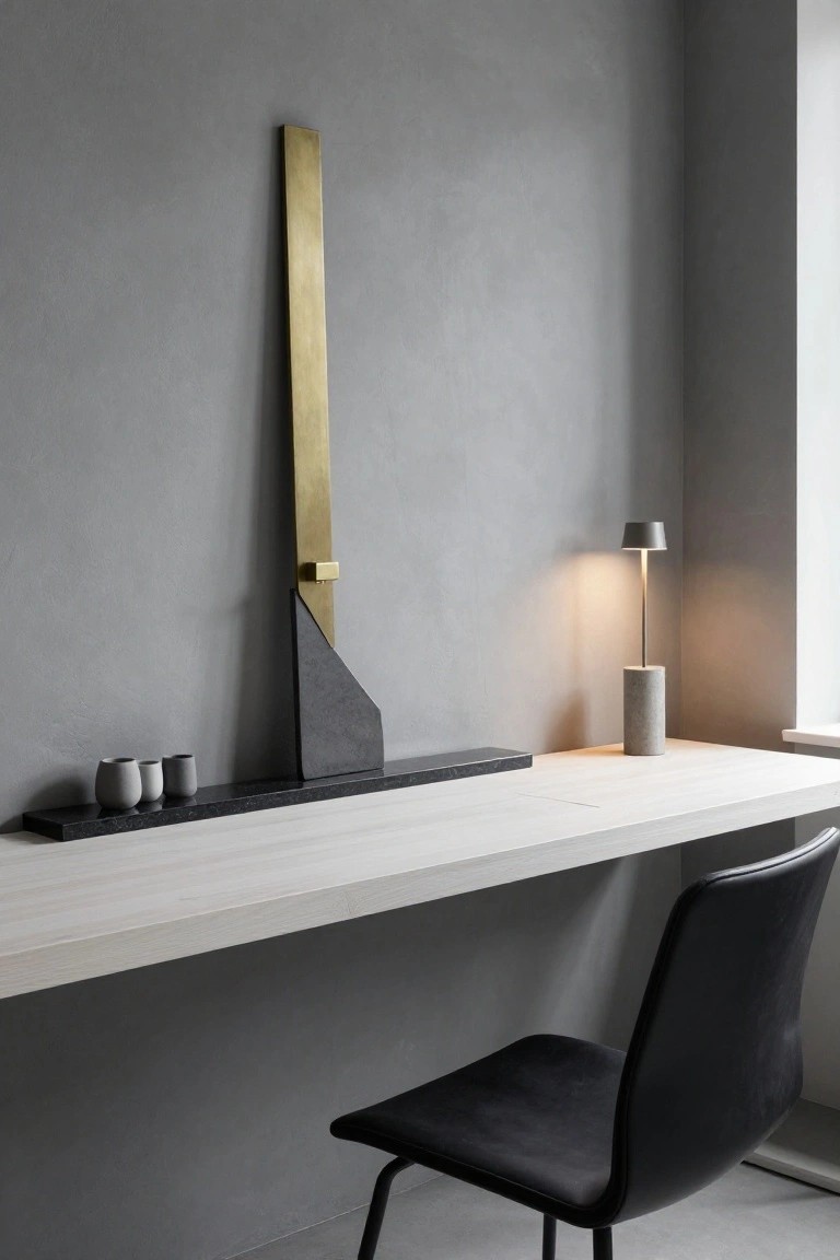Modern office nook featuring a light wood desk with black leather chair, concrete table lamp and base, two gray cups on black stone shelf, and tall vertical brass sculpture with attached angular black stone piece mounted on gray plaster wall.
