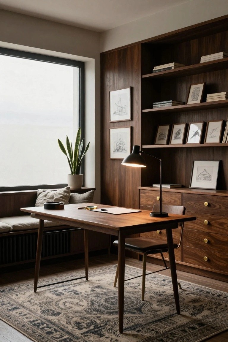 A moody corner home office with walnut wood paneled walls and integrated open bookshelves holding books and framed ink drawings, a wooden desk with chair and matching low dresser, adjustable desk lamp, potted snake plant by a large window, built-in bench seat, and patterned rug.