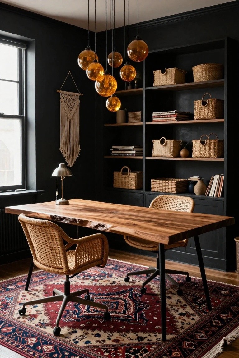 A moody home office featuring dark walls and black bookshelves stocked with woven baskets and books, a live-edge wood desk with rattan chairs, amber globe pendant lights hanging overhead, a desk lamp, macrame wall hanging, and a red Persian rug on the floor.
