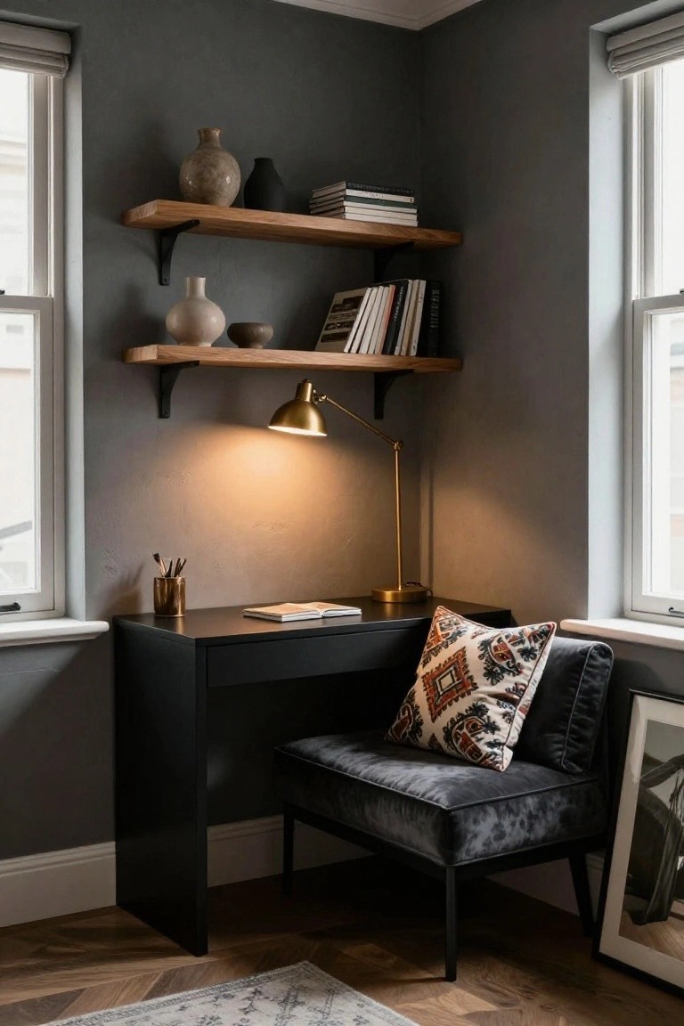 Corner office nook with dark gray walls, black desk, gold adjustable lamp, wooden floating shelves displaying vases books and bowls, gray velvet chair with patterned pillow, and hardwood floors.