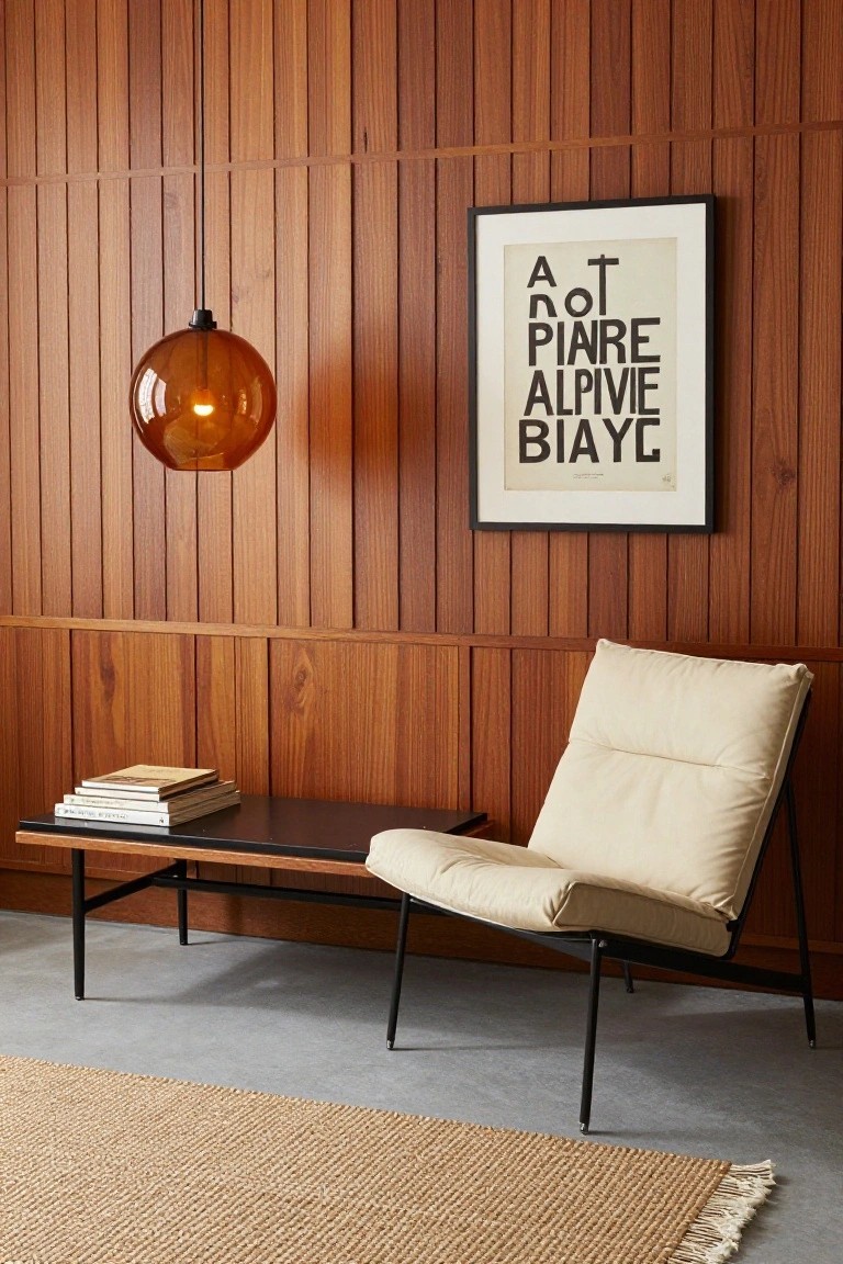 Indoor office nook featuring vertical warm wood slat walls, amber glass pendant light, black-framed poster art, low black side table with stacked books, cream cushioned chair on thin metal legs, and seagrass rug on gray concrete floor.