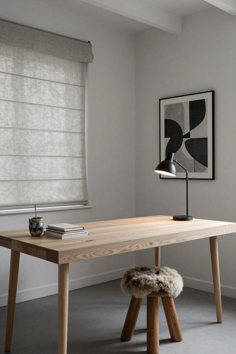 Corner of a home office with light wooden desk holding books and a mug, black adjustable desk lamp, abstract black and white wall art, linen roller blind on window, and sheepskin-covered wooden stool.