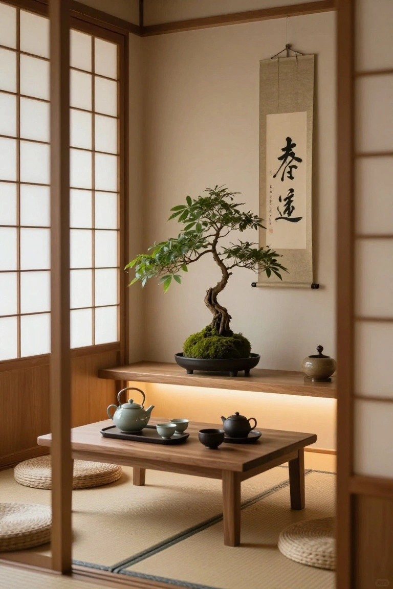 Japanese-style interior room with shoji screen doors, a wooden wall shelf displaying a potted bonsai tree and ceramic jar, low wooden table with tea set on tatami mats, and floor cushions.