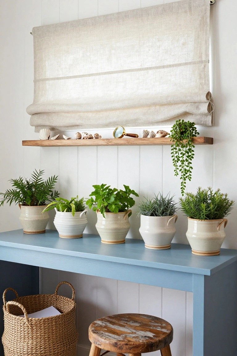 Blue console table on white paneled wall holds five white ceramic pots with ferns, herbs, succulents, and other green plants; wooden shelf above displays shells, magnifying glass, and trailing plant; linen roman shade hangs higher; wicker basket and wooden stool nearby.