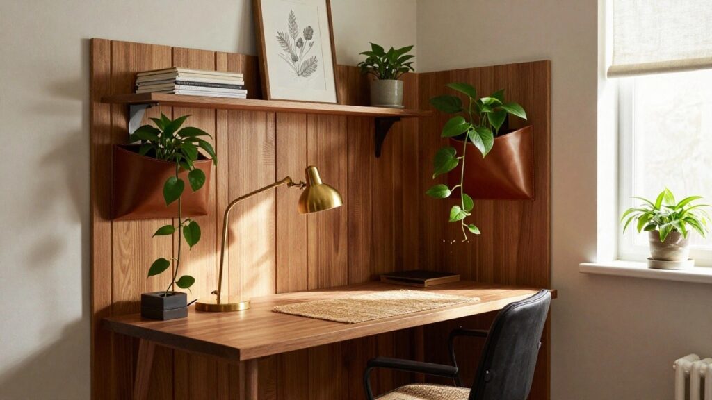 A home office with a wooden desk and black leather chair in front of a slatted walnut wall holding several brown leather planters filled with green trailing plants, a gold desk lamp, stacked books, and a window with sheer roller shade.