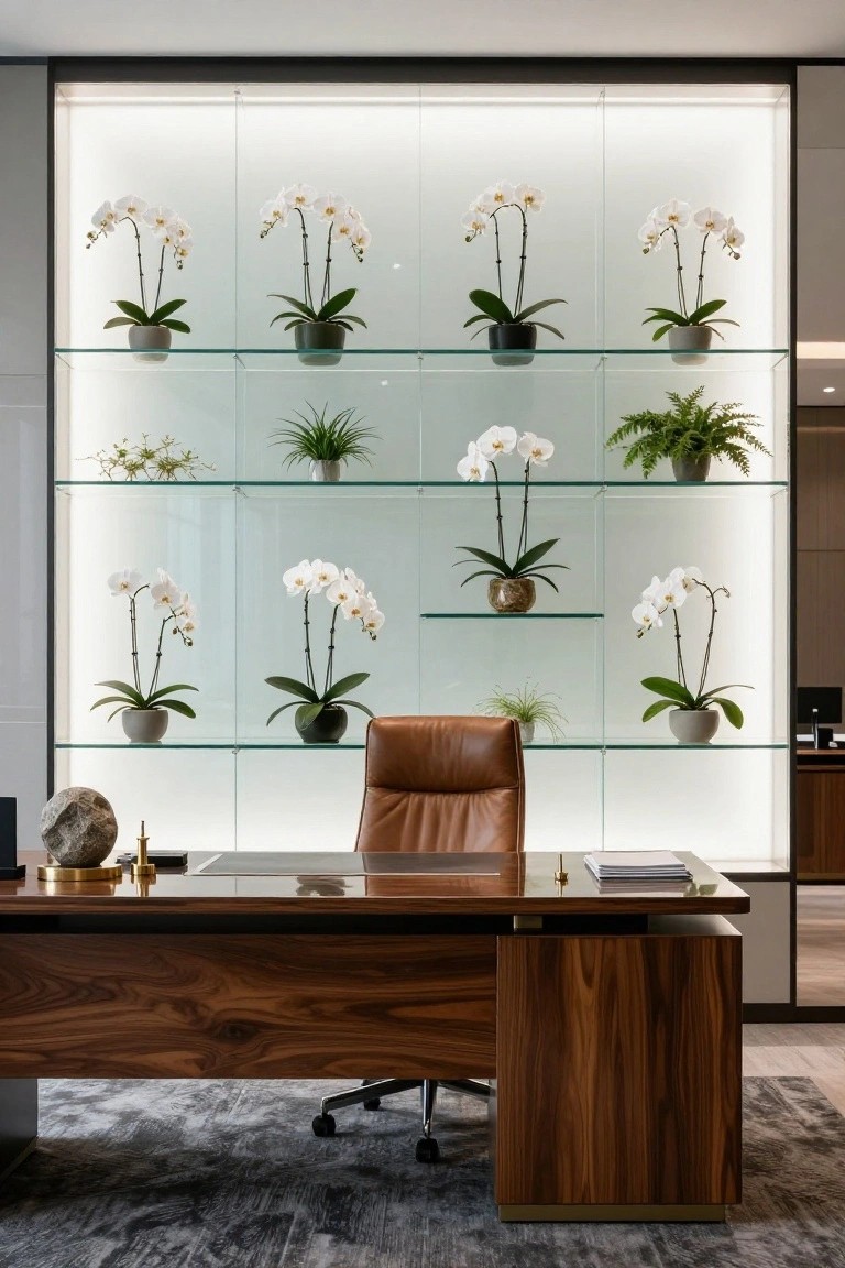 Tall backlit glass shelving unit on a wall filled with white orchids in pots, assorted green plants, and a few decorative items, positioned behind a wooden desk with leather chair in a modern office.