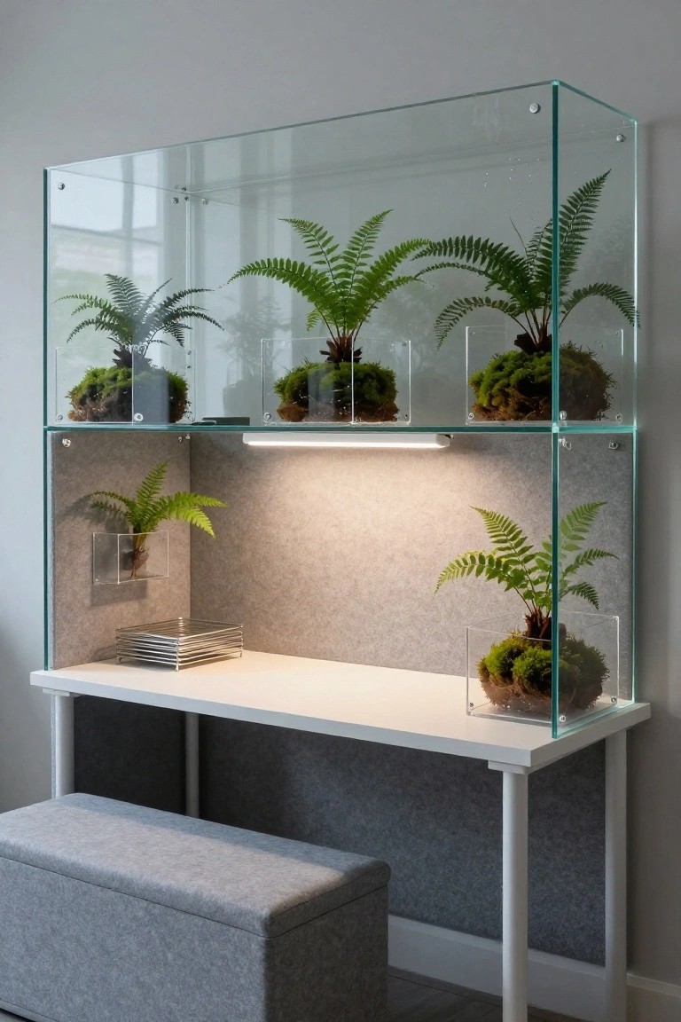 Glass enclosure around a white desk containing ferns, moss terrariums, and LED lighting, with stacked trays on the desk and a gray stool beside it.