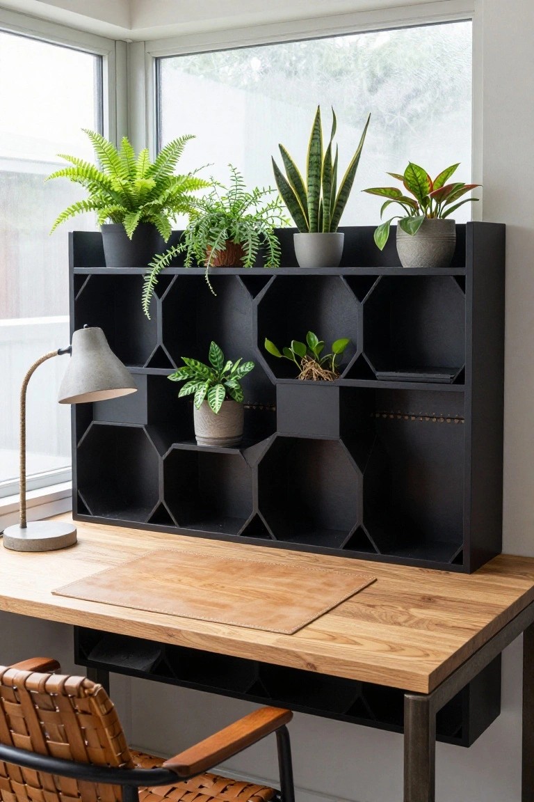 Black hexagonal shelving unit displaying various potted plants including ferns, snake plants, and calatheas above a wooden desk with a leather chair in a bright corner room with large windows.