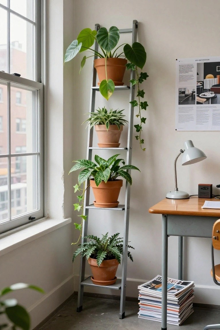 Metal ladder shelf in corner of bright room with large window holds four tiers of potted houseplants in orange terracotta pots next to wooden desk, adjustable lamp, and stack of magazines.