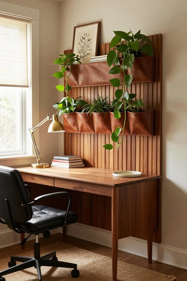 A home office with a wooden desk and black leather chair in front of a slatted walnut wall holding several brown leather planters filled with green trailing plants, a gold desk lamp, stacked books, and a window with sheer roller shade.