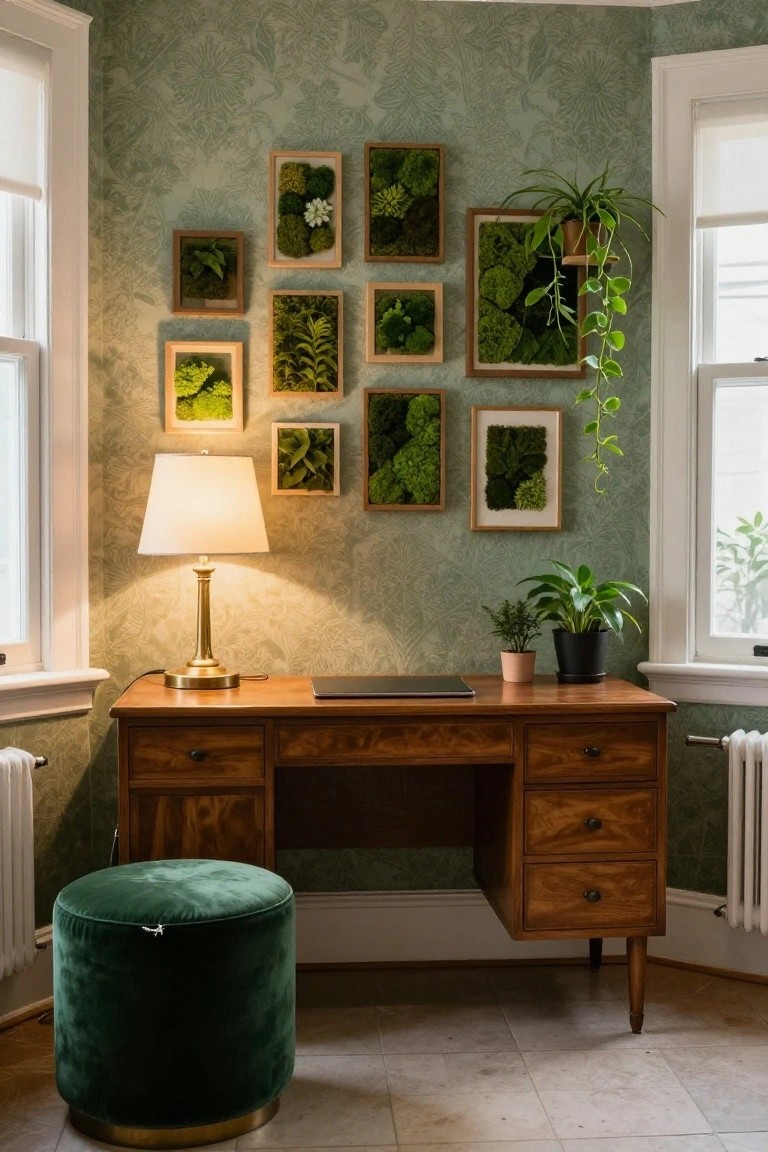 Corner home office featuring a wooden desk with laptop, brass lamp, green velvet pouf stool, and a gallery wall of assorted framed moss and plant displays on green patterned wallpaper near two windows and a radiator.
