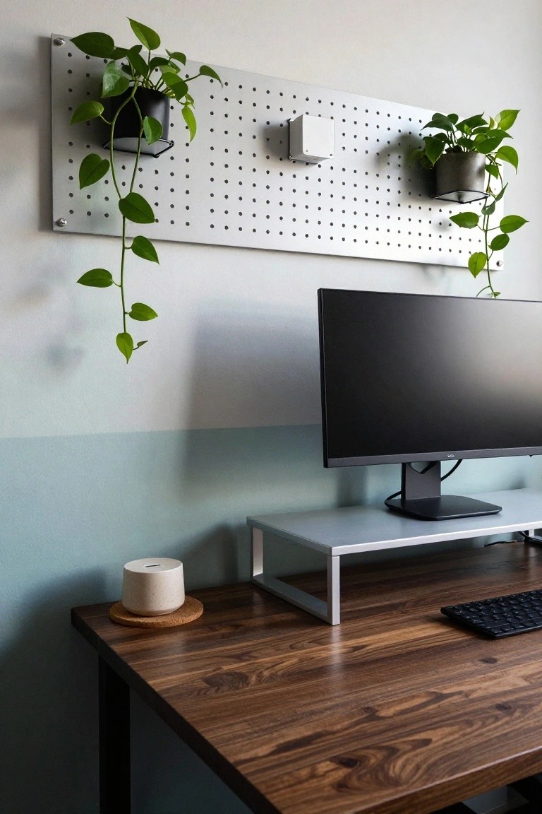 Home office desk made of walnut wood with black keyboard and monitor on silver stand, white ceramic container on cork coaster nearby, and silver pegboard wall panel above holding two black and gray pots of trailing green plants against pale blue and white wall.