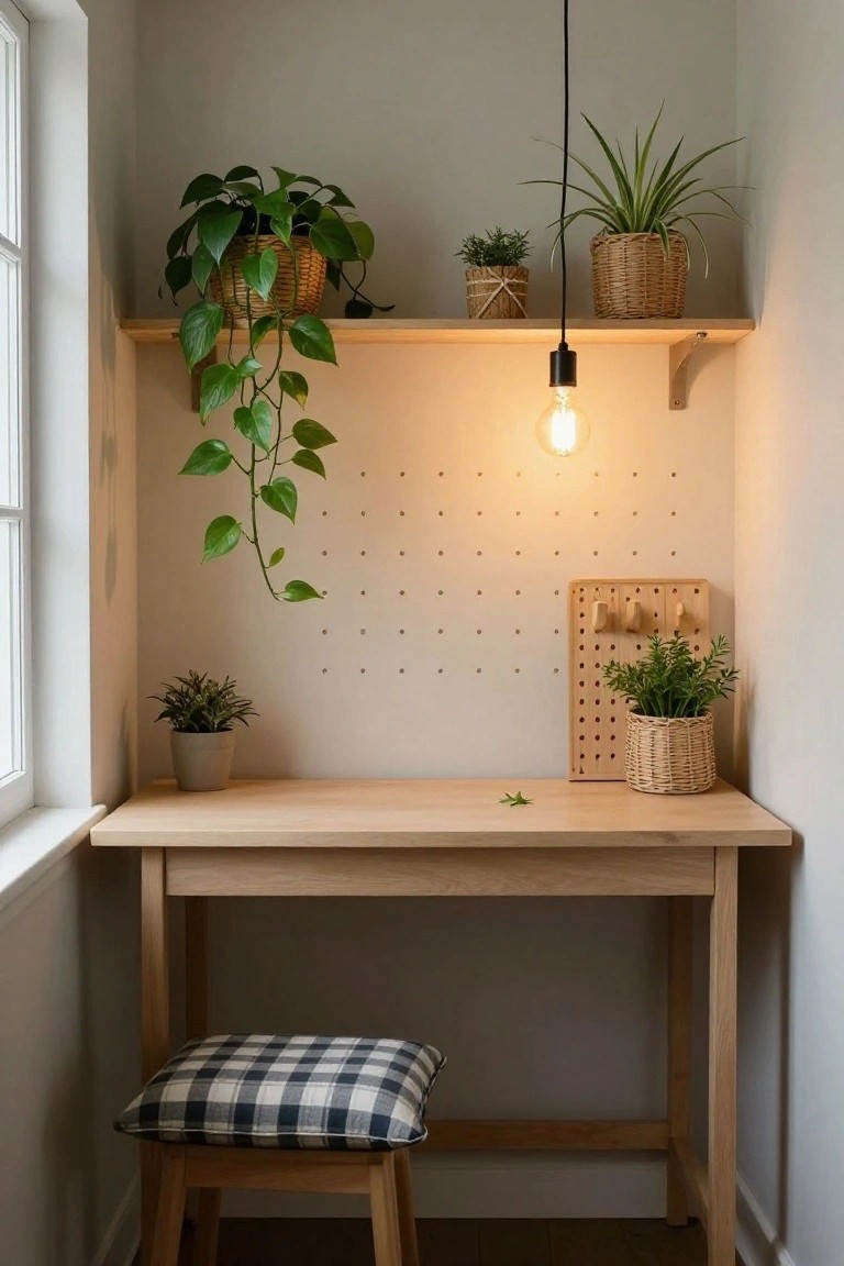 A compact corner office nook with a light wooden desk and stool, pegboard wall with hooks holding potted plants, shelves above with hanging and potted greenery, and a single hanging bulb light.