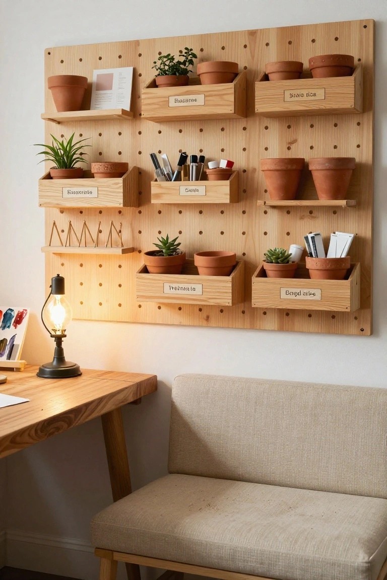 Wooden pegboard wall with attached wooden boxes holding terracotta pots of plants like herbs and succulents, plus office supplies and pen holders, positioned beside a wooden desk, metal lamp, and beige chair.