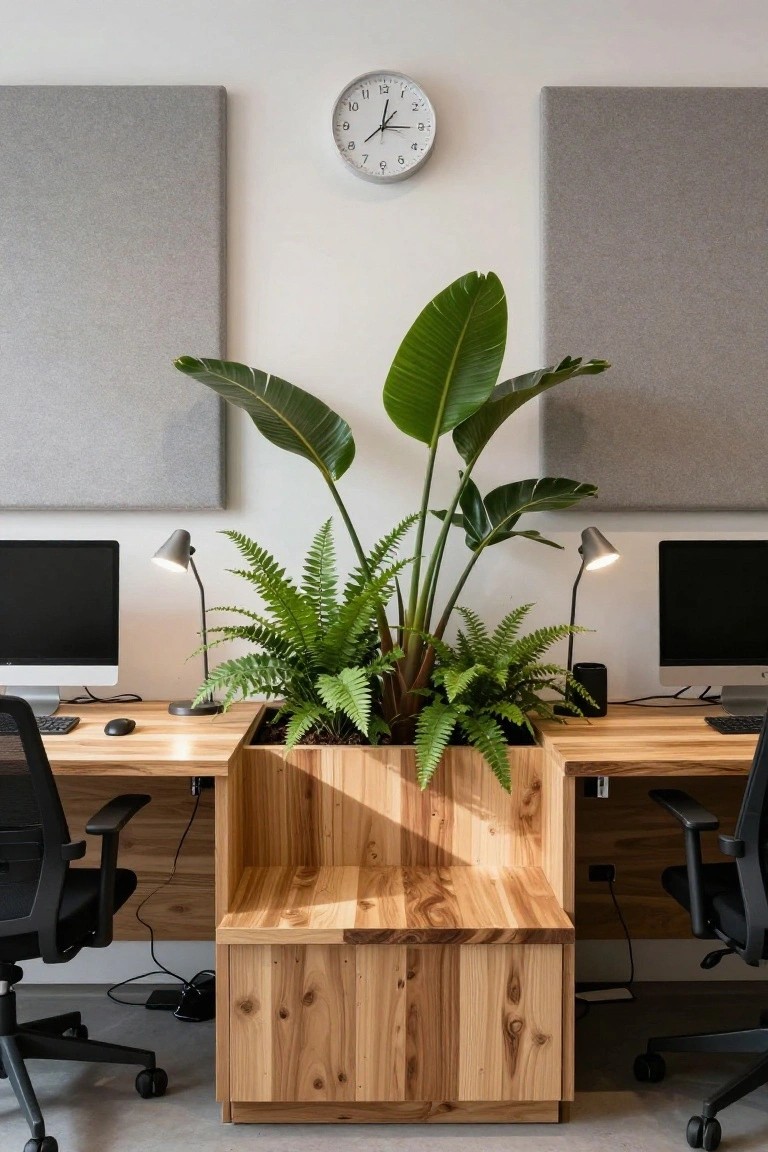 Two wooden desks with iMac monitors separated by a large wooden planter box filled with a tall banana plant and ferns, desk lamps, and black office chairs in a modern interior.