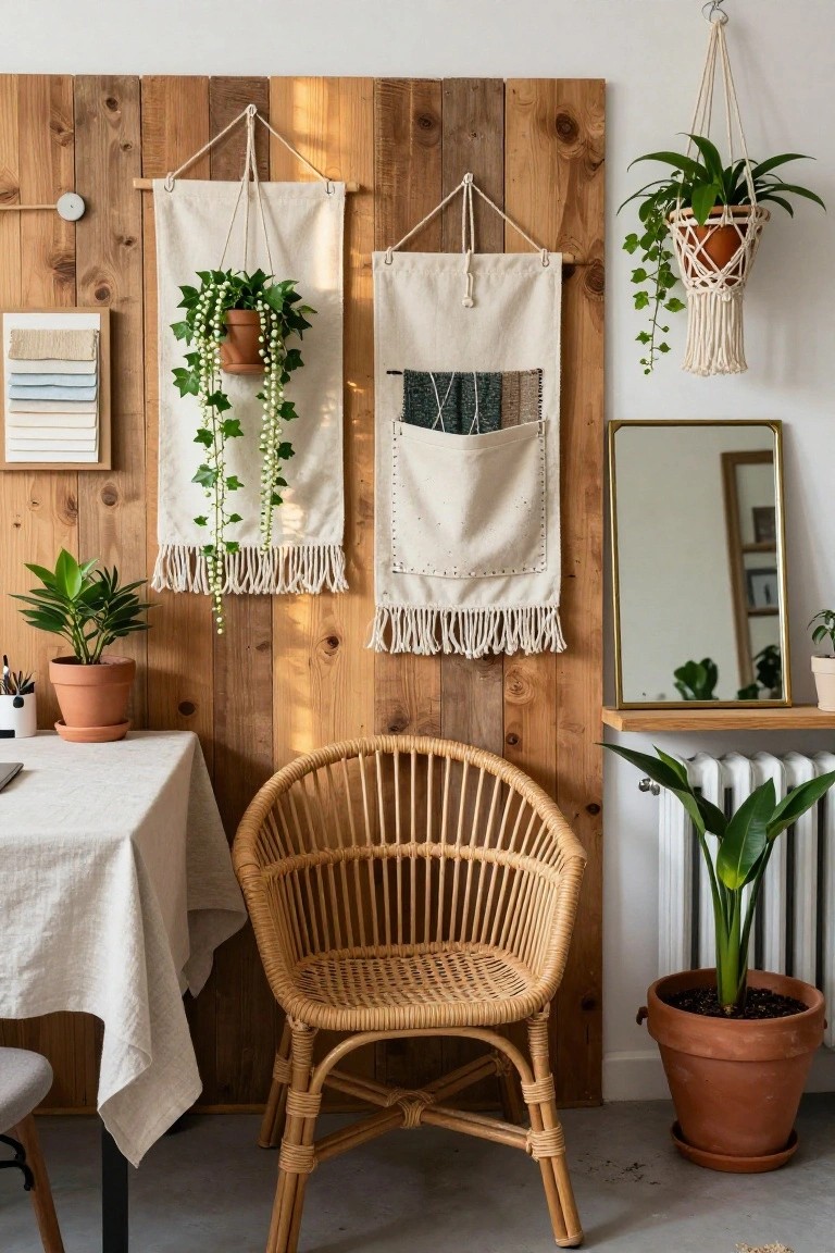 Wood-paneled wall in a home office with white fabric wall hangings holding potted trailing ivy plants, macrame hanging planters with ivy and another plant, a desk with a laptop, rattan chair, and various potted plants nearby.