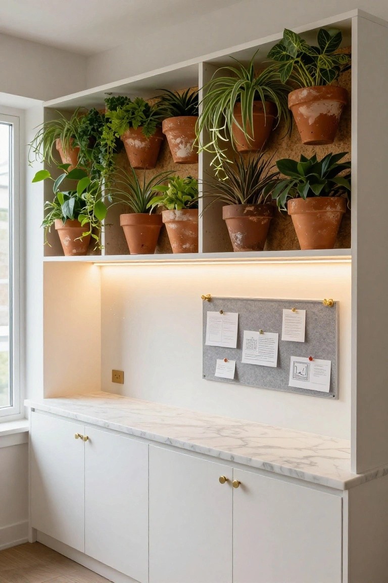 White built-in wall unit with multiple shelves holding various potted plants in terracotta pots, LED light strip above a gray corkboard, marble countertop desk with white cabinets below, adjacent to a large window.