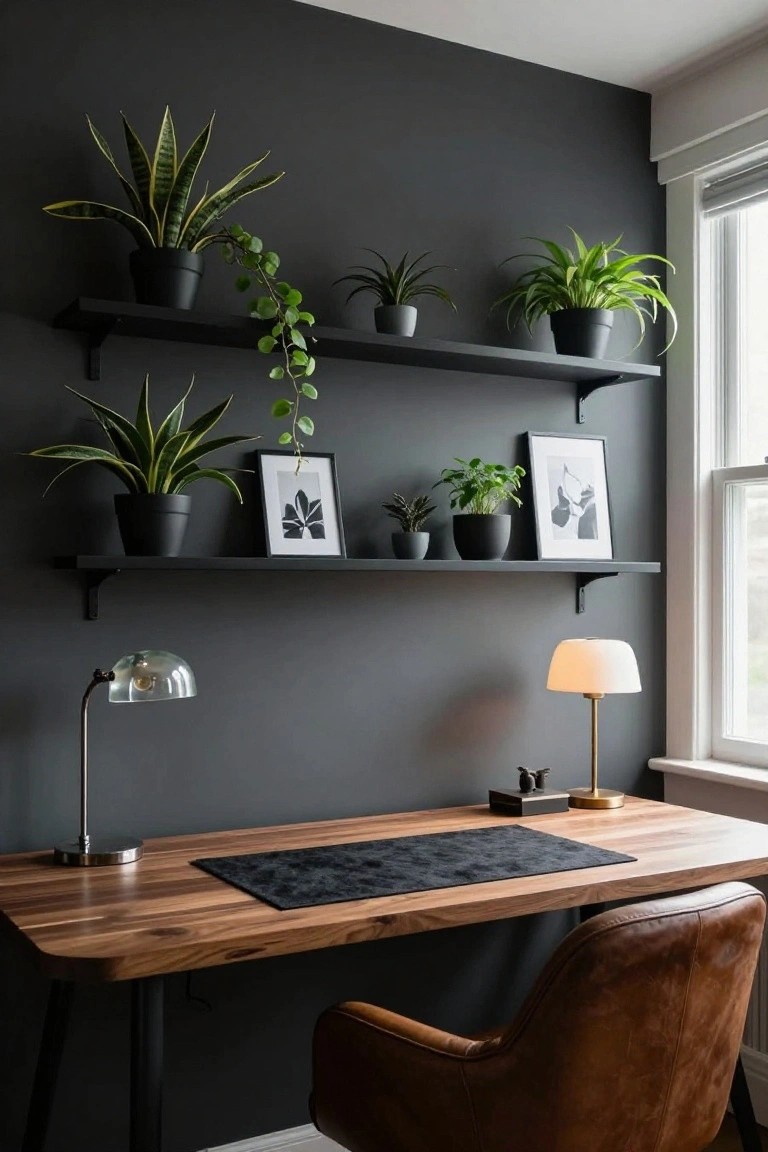 Home office with black floating shelves holding various potted plants like snake plants and pothos against a dark gray wall above a wooden desk, flanked by two desk lamps and a brown leather chair next to a window.