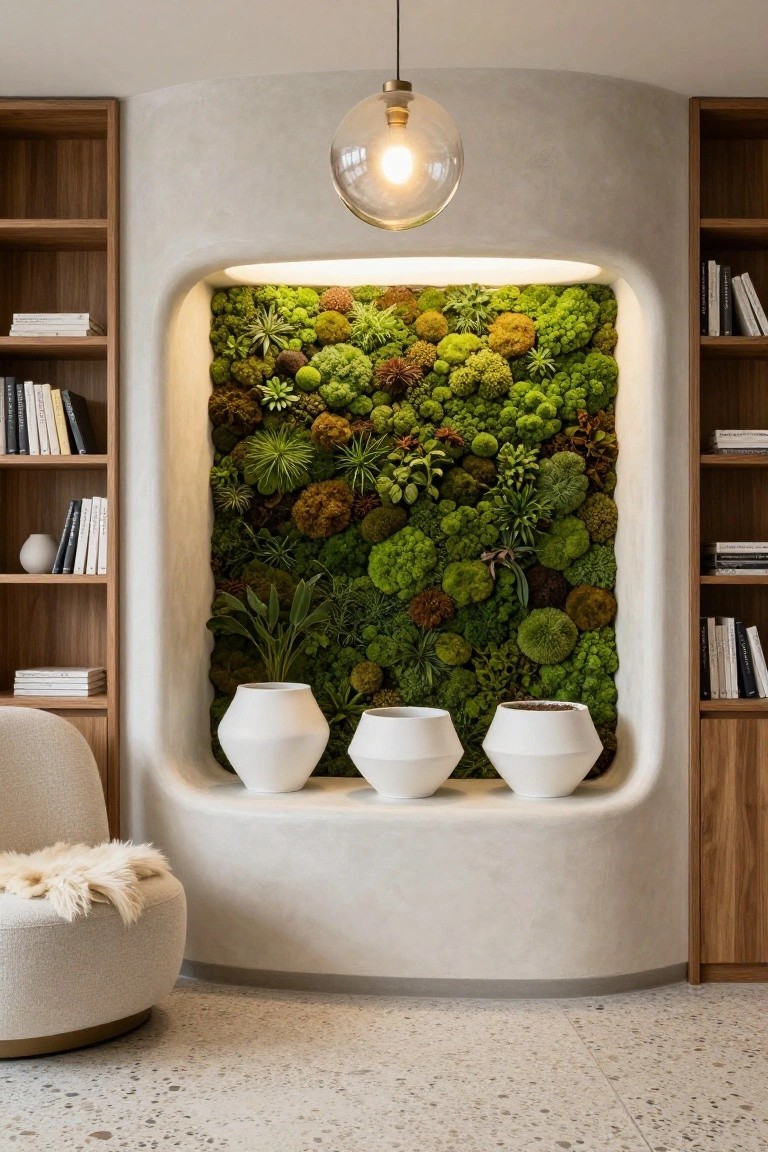 Curved recessed wall niche with lush green moss and succulent living wall between tall wooden bookshelves, three white urn-shaped pots at the base, cream armchair nearby, glass pendant light overhead, and terrazzo floor.