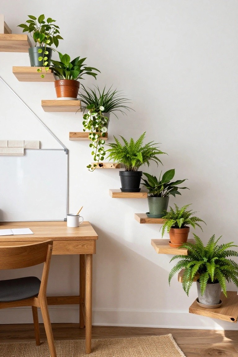 Home office with wooden desk, chair, and mug next to a white staircase wall featuring wooden floating shelves holding various potted green plants including ferns and trailing varieties.