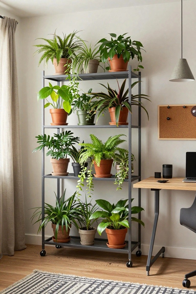 Gray metal four-tier shelving unit on wheels filled with various potted houseplants including monstera, ferns, and trailing vines, positioned next to a light wooden desk in a home office with beige curtains and a corkboard on the wall.