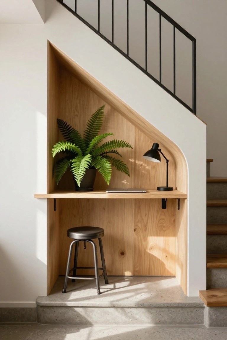 Wooden recessed nook under a white staircase with curved edges containing a built-in desk shelf holding a laptop and black lamp, a large potted fern plant, and a black swivel stool on a concrete floor.