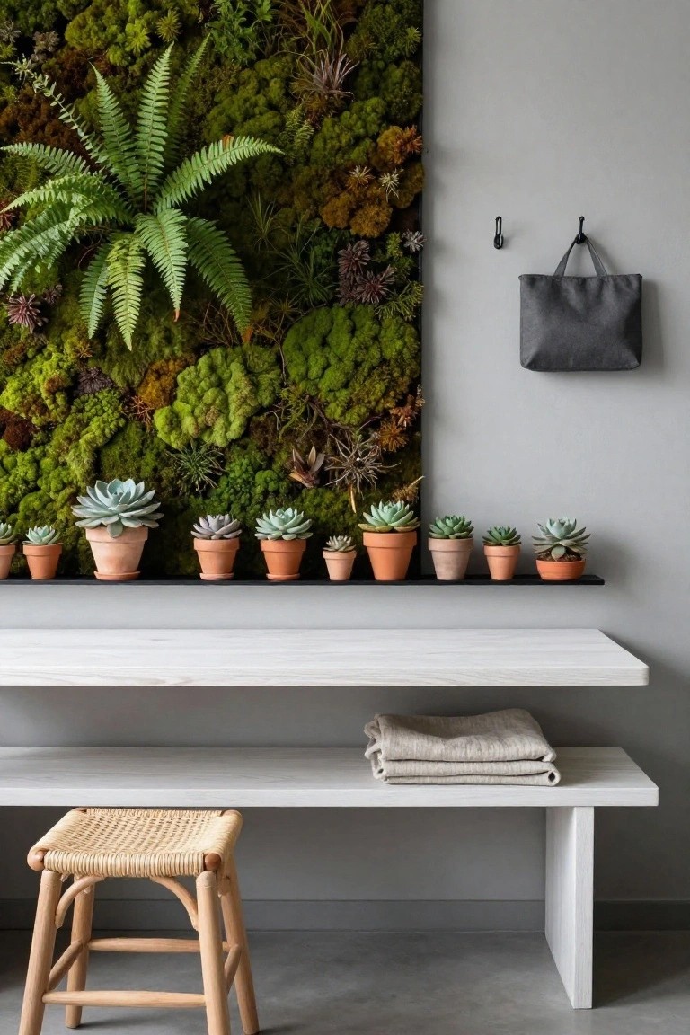 Vertical living wall of moss, ferns, and plants beside a black shelf with terracotta pots of succulents above a white wooden bench and rattan stool in a gray room.