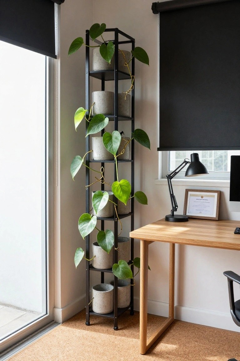 Corner of a home office with a tall black metal shelving unit holding multiple concrete pots of green trailing plants, positioned next to a wooden desk, computer monitor, desk lamp, framed certificate, and office chair, beside a window with black roller blinds.