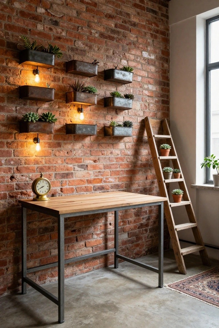Home office corner with exposed brick wall holding multiple wall-mounted metal planters filled with succulents and ferns, lit by Edison bulb sconces, beside a wooden desk with gold clock, wooden ladder shelf with potted plants, large window, and rug on concrete floor.