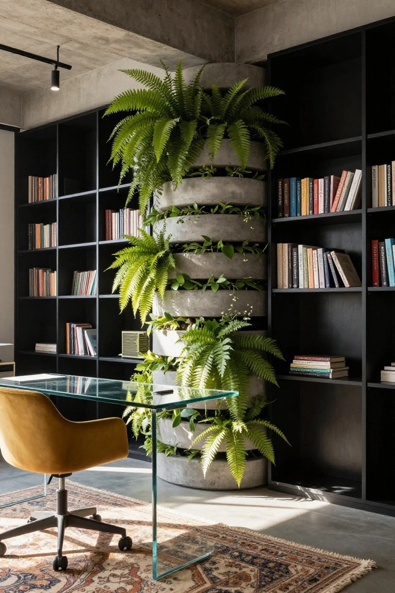 Home office corner with black bookshelves flanking a tall vertical planter of stacked concrete rings filled with green ferns, a glass desk, yellow upholstered chair, and patterned rug on concrete floor.