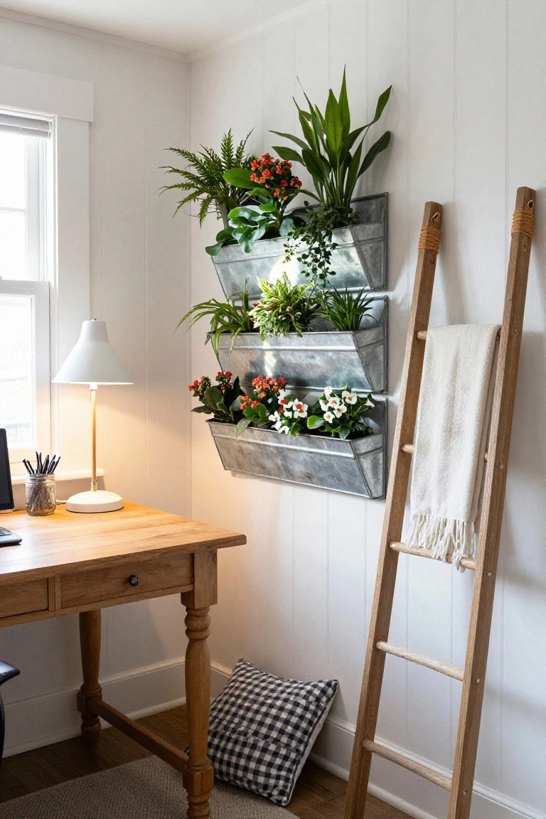 Home office corner with wooden desk, gold-based lamp, checkered pillow on floor, and tall wooden ladder against white shiplap wall supporting three galvanized metal planters filled with various green plants.