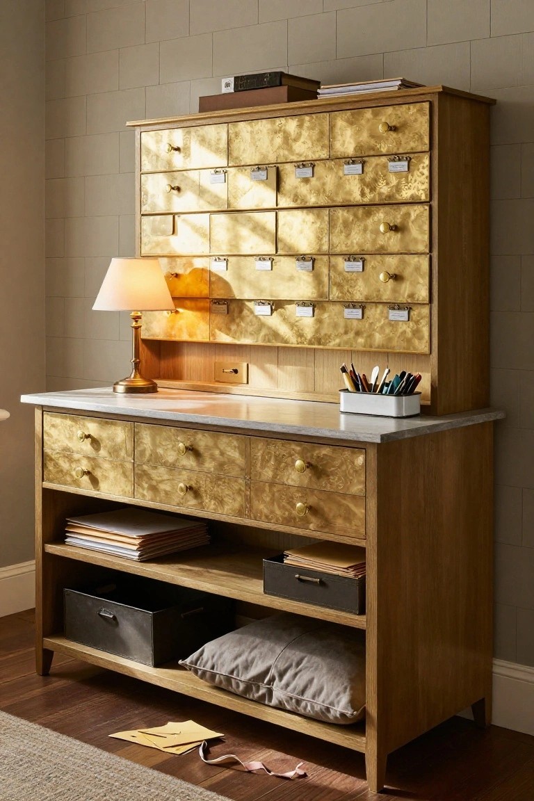 Wooden cabinet desk with gold-leafed drawers, marble top, lamp, pen holder, and stacked papers in a light-filled room with tiled walls.